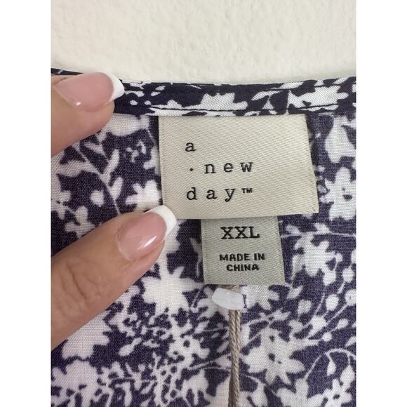 A New Day XXL Blue White Floral Midi Dress Puff Sleeve Crepe Boho Cottagecore Nw - Picture 6 of 11